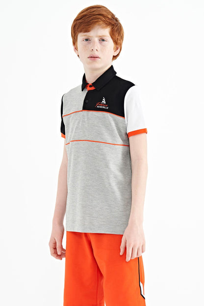 Grey Color Block Embroidered Letter Detailed Standard Pattern Polo Collar Boys T-Shirt - 11109