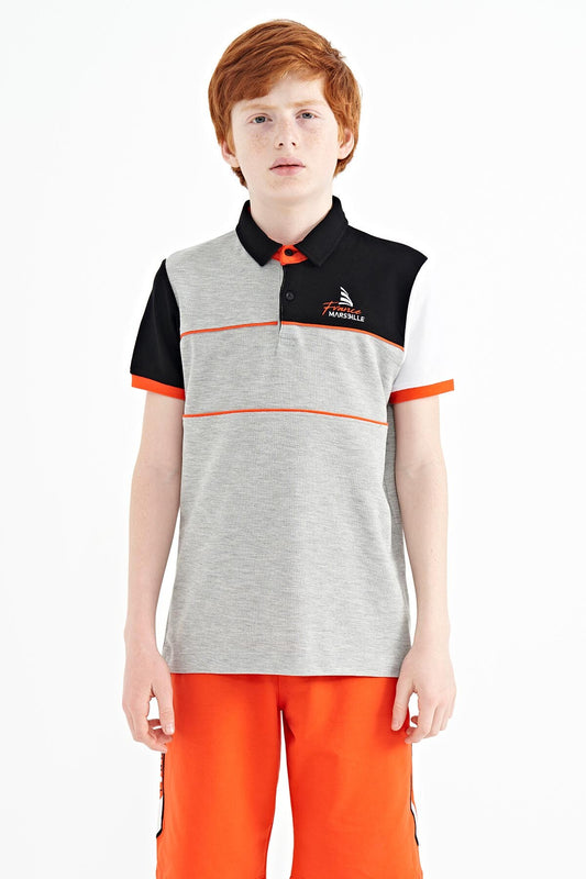 Grey Color Block Embroidered Letter Detailed Standard Pattern Polo Collar Boys T-Shirt - 11109