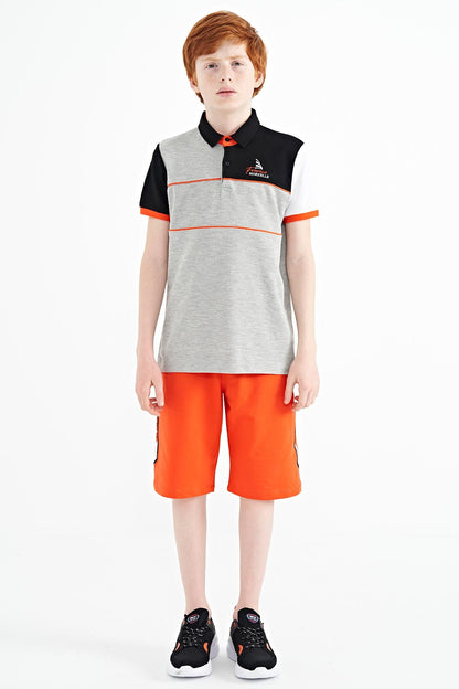 Grey Color Block Embroidered Letter Detailed Standard Pattern Polo Collar Boys T-Shirt - 11109