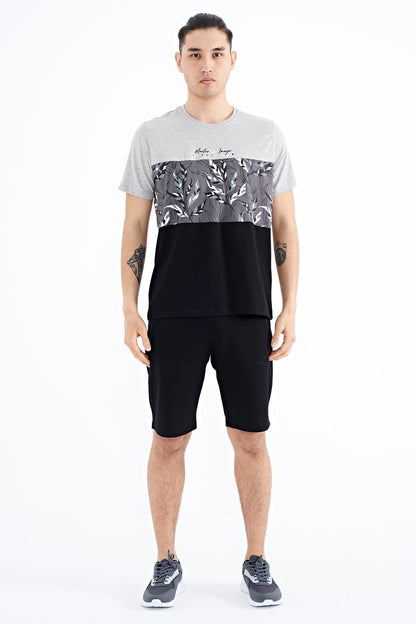 Grey Melange Color Gradient Print Detailed O Collar Standard Fit Men's T-Shirt - 88177