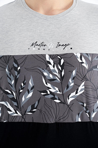 Grey Melange Color Gradient Print Detailed O Collar Standard Fit Men's T-Shirt - 88177