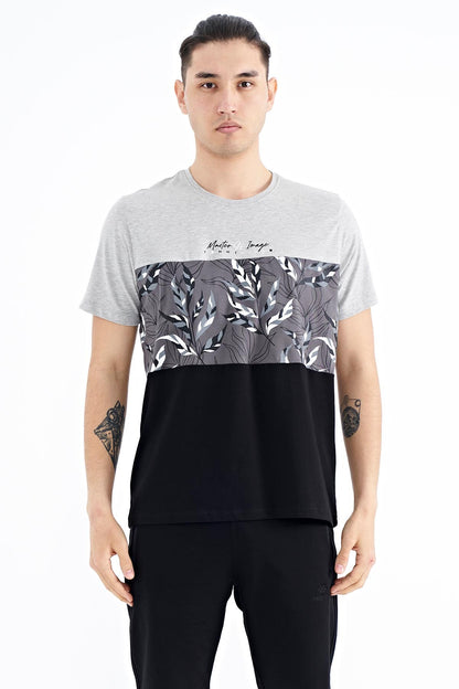 Grey Melange Color Gradient Print Detailed O Collar Standard Fit Men's T-Shirt - 88177