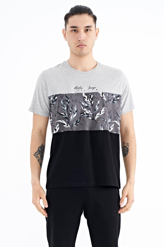 Grey Melange Color Gradient Print Detailed O Collar Standard Fit Men's T-Shirt - 88177