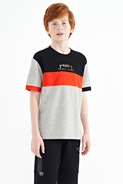 Grey Melange Color Transition Embroidered Oversize Boys T-Shirt - 11159