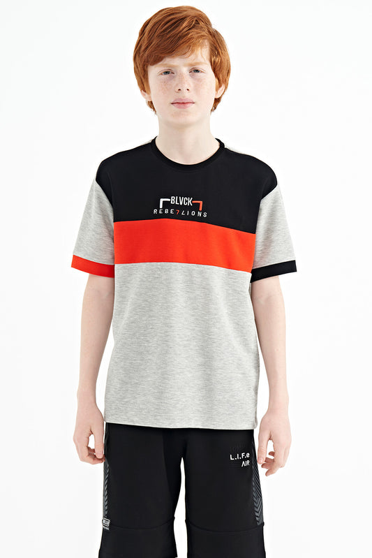 Grey Melange Color Transition Embroidered Oversize Boys T-Shirt - 11159