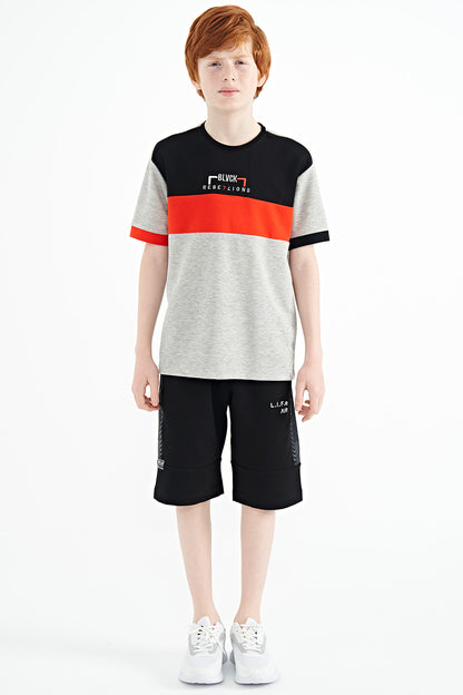 Grey Melange Color Transition Embroidered Oversize Boys T-Shirt - 11159