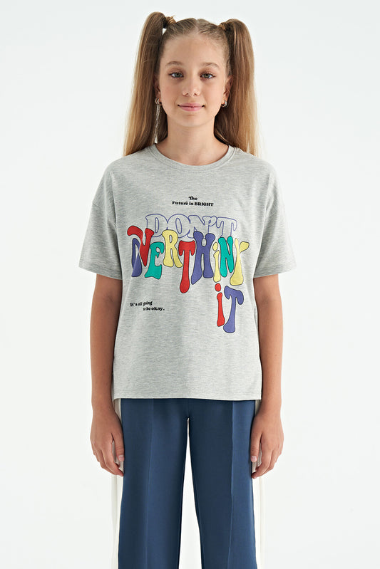 Gray Melange Print Letter O Collar Oversize Short Sleeve Girls T-Shirt - 75112