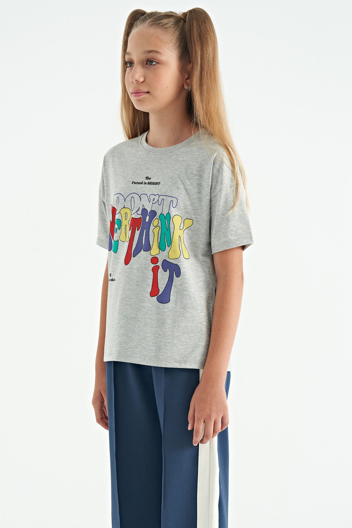 Gray Melange Print Letter O Collar Oversize Short Sleeve Girls T-Shirt - 75112