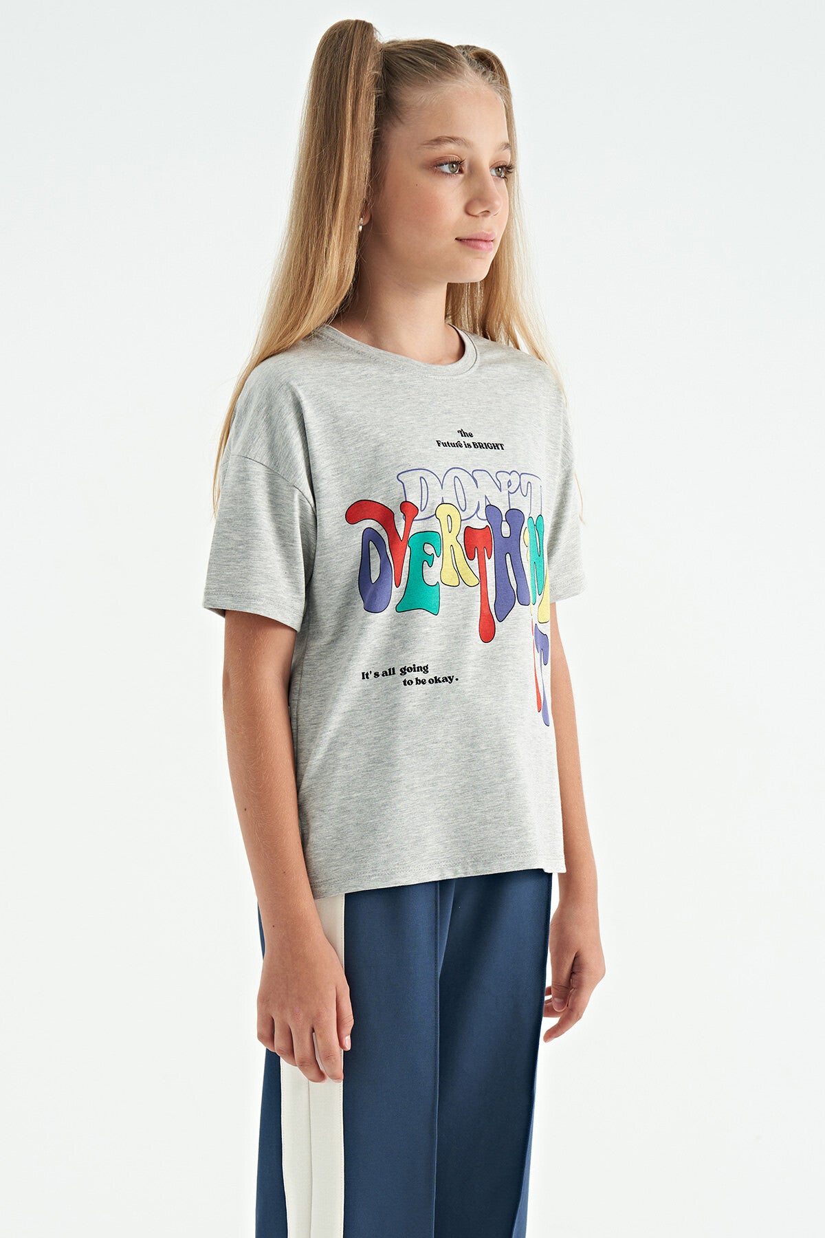 Gray Melange Print Letter O Collar Oversize Short Sleeve Girls T-Shirt - 75112