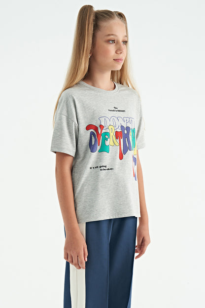 Gray Melange Print Letter O Collar Oversize Short Sleeve Girls T-Shirt - 75112