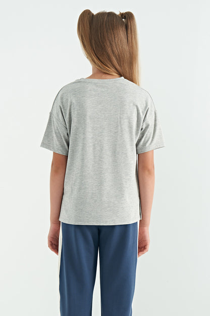 Gray Melange Print Letter O Collar Oversize Short Sleeve Girls T-Shirt - 75112