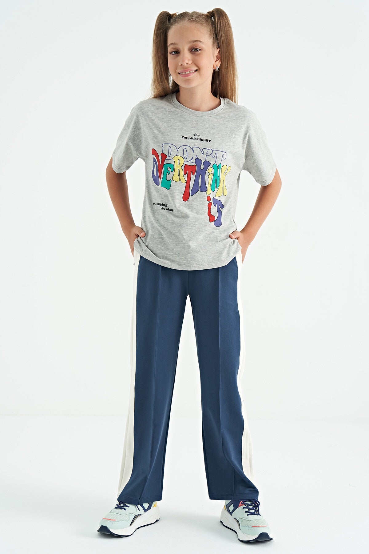 Gray Melange Print Letter O Collar Oversize Short Sleeve Girls T-Shirt - 75112