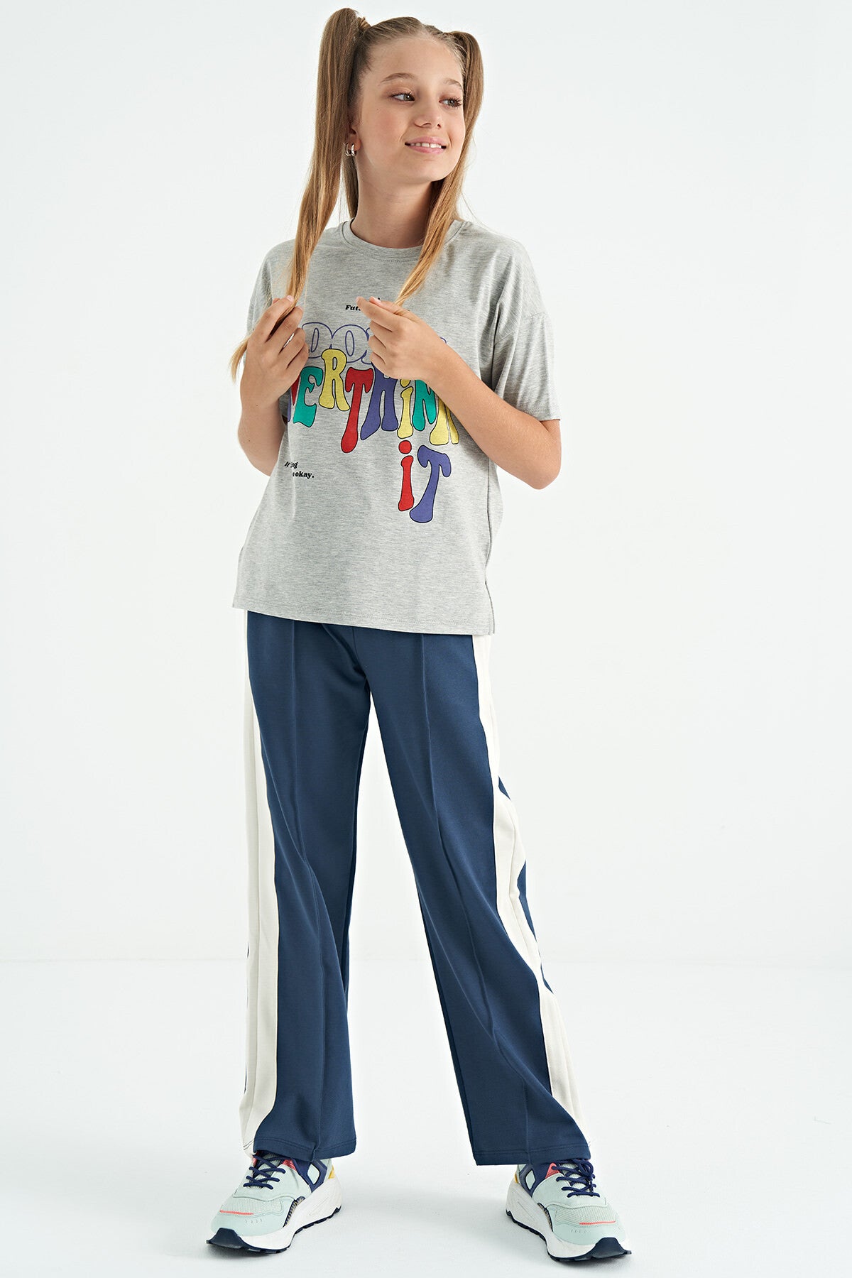 Gray Melange Print Letter O Collar Oversize Short Sleeve Girls T-Shirt - 75112