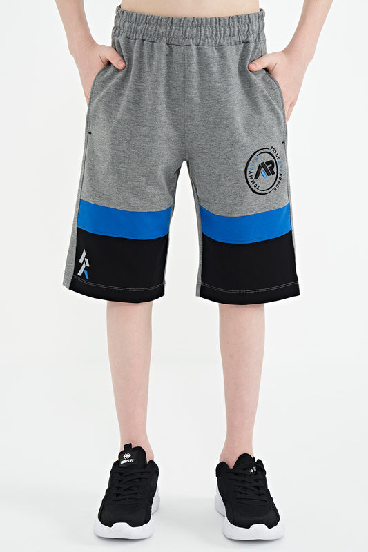 Gray Melange Printed Lace Embroidered Detailed Standard Pattern Boys Shorts - 11129