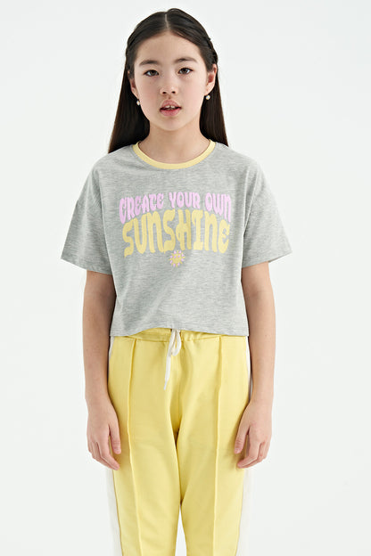 Grey Melange Color Print O Collar Oversize Short Sleeve Girl's T-Shirt - 75111