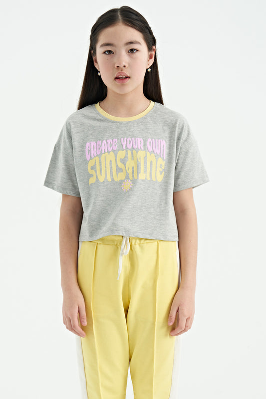 Grey Melange Color Print O Collar Oversize Short Sleeve Girl's T-Shirt - 75111