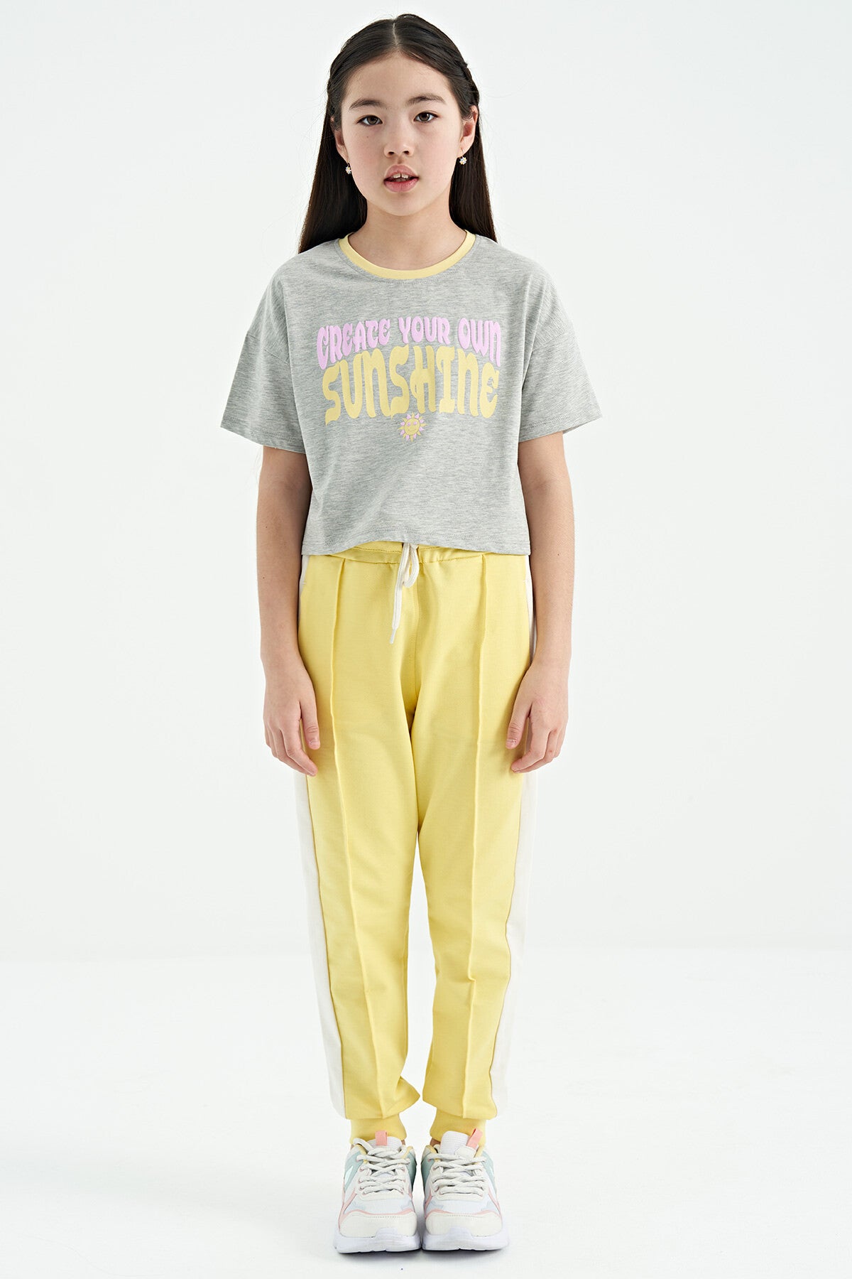 Grey Melange Color Print O Collar Oversize Short Sleeve Girl's T-Shirt - 75111