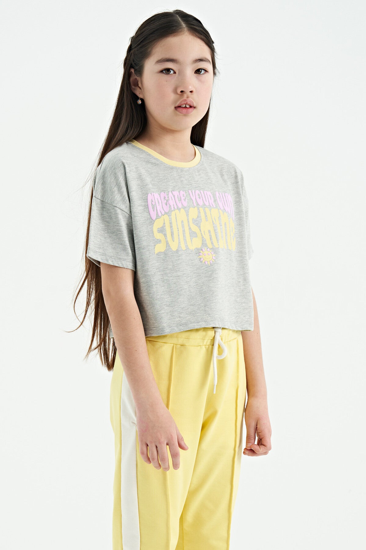Grey Melange Color Print O Collar Oversize Short Sleeve Girl's T-Shirt - 75111