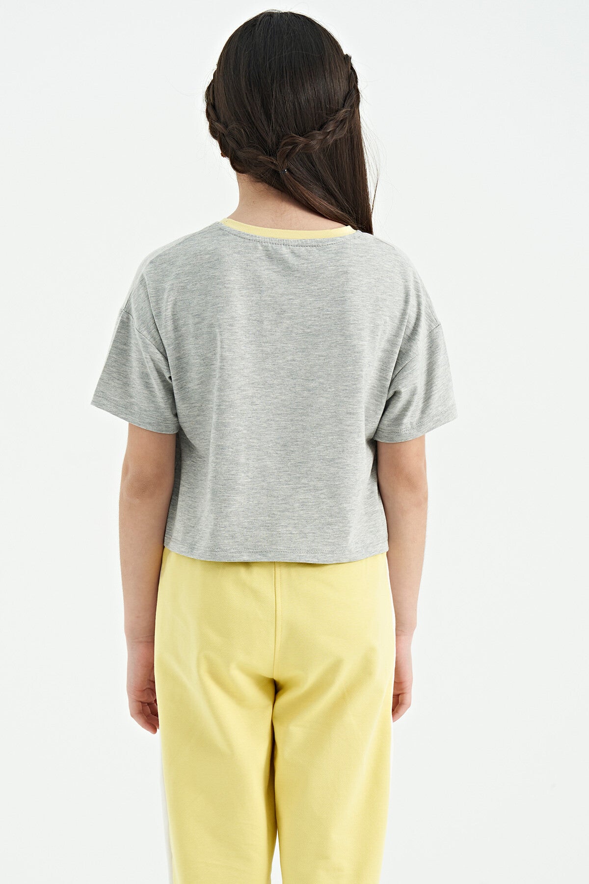 Grey Melange Color Print O Collar Oversize Short Sleeve Girl's T-Shirt - 75111