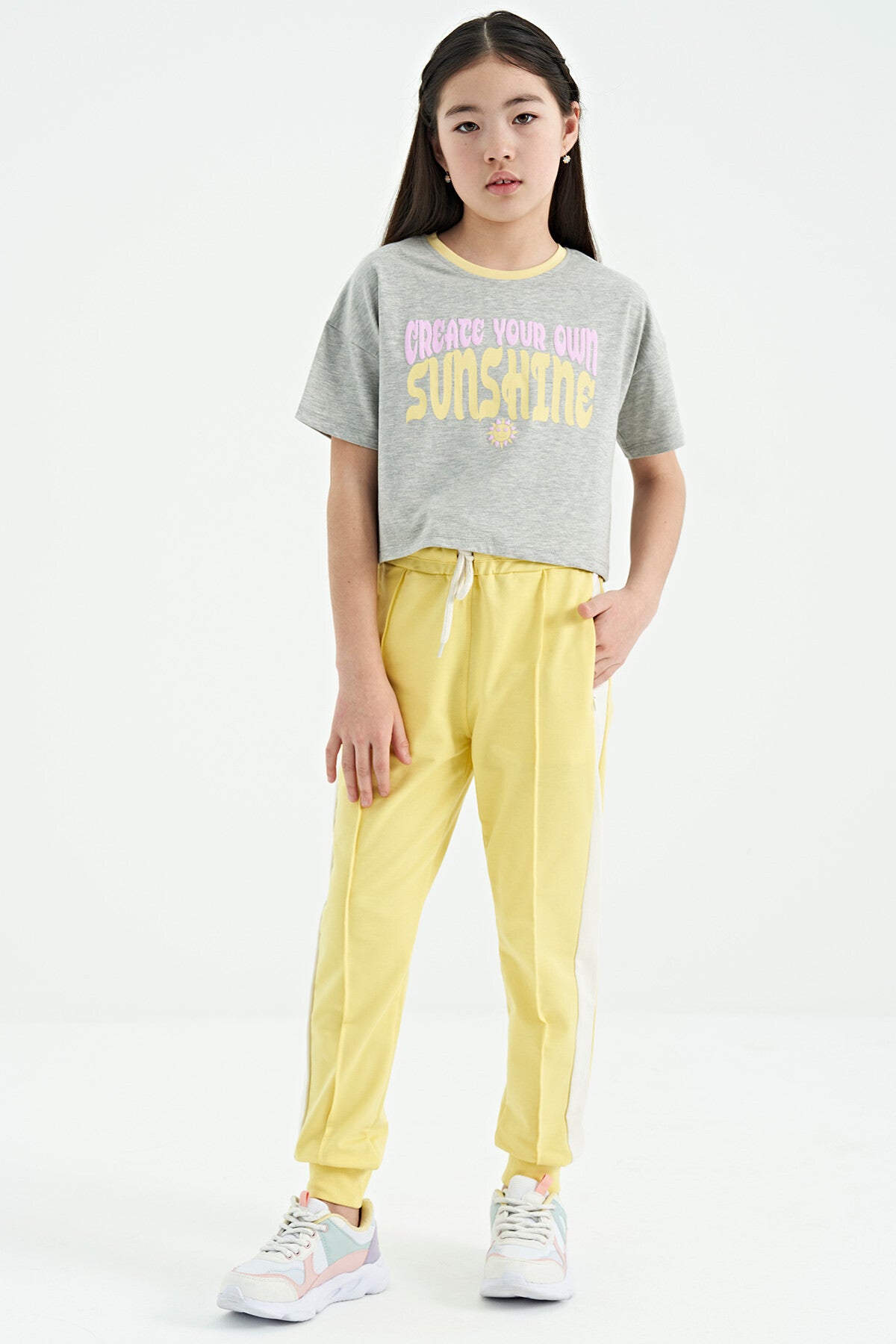 Grey Melange Color Print O Collar Oversize Short Sleeve Girl's T-Shirt - 75111