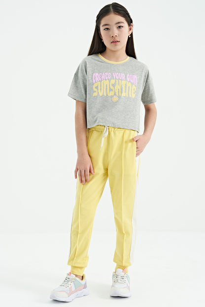 Grey Melange Color Print O Collar Oversize Short Sleeve Girl's T-Shirt - 75111