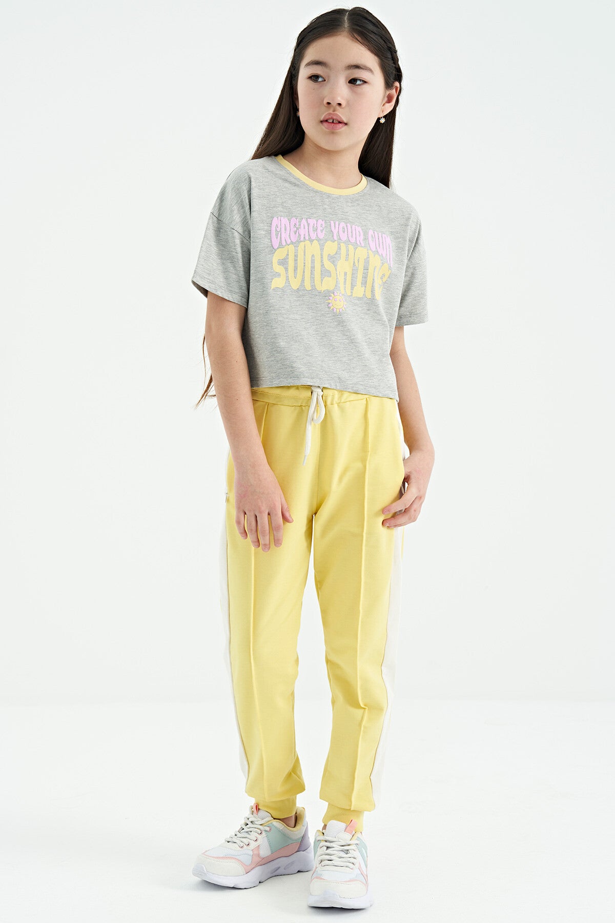 Grey Melange Color Print O Collar Oversize Short Sleeve Girl's T-Shirt - 75111