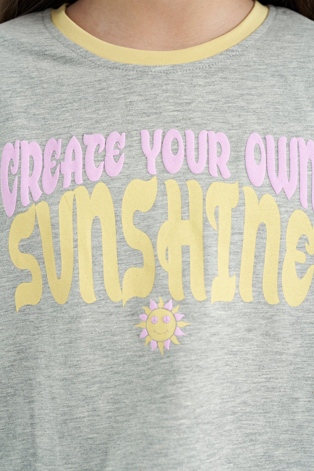 Grey Melange Color Print O Collar Oversize Short Sleeve Girl's T-Shirt - 75111