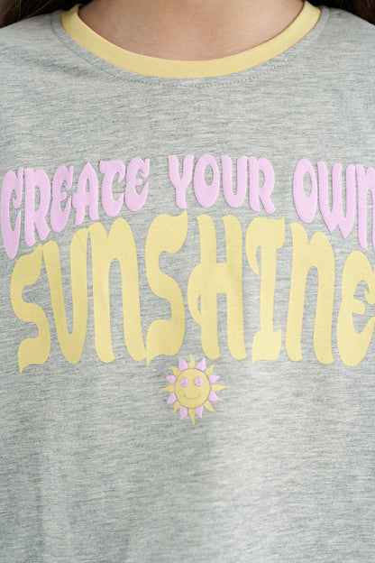 Grey Melange Color Print O Collar Oversize Short Sleeve Girl's T-Shirt - 75111