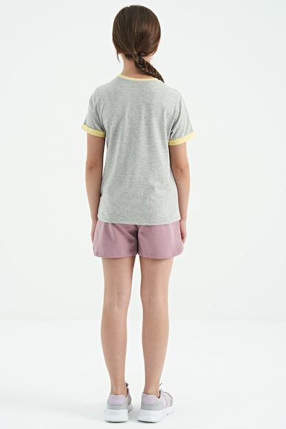 Grey Melange Color Detailed O Collar Comfort Fit Girls T-Shirt - 75109