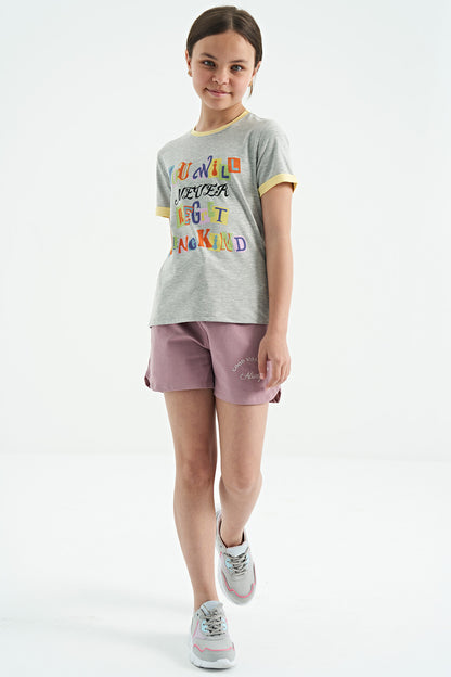 Grey Melange Color Detailed O Collar Comfort Fit Girls T-Shirt - 75109