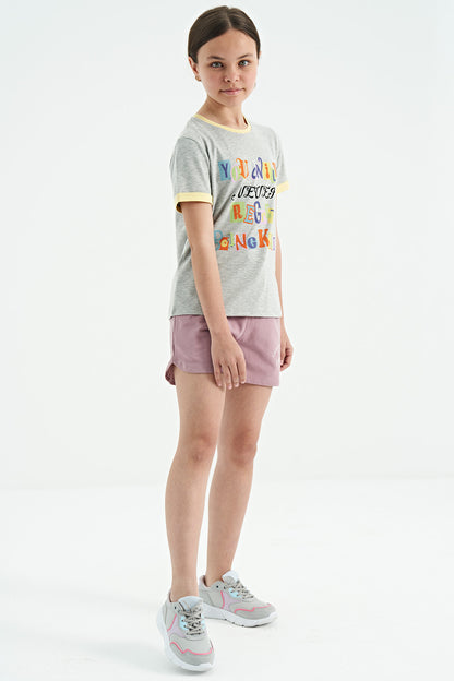 Grey Melange Color Detailed O Collar Comfort Fit Girls T-Shirt - 75109