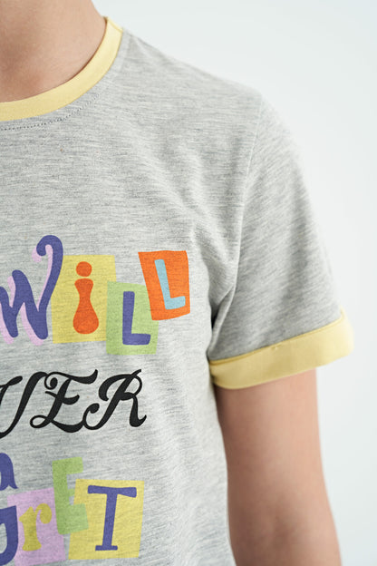 Grey Melange Color Detailed O Collar Comfort Fit Girls T-Shirt - 75109