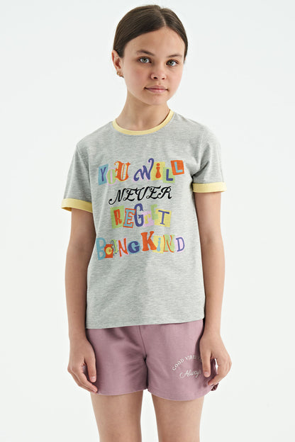 Grey Melange Color Detailed O Collar Comfort Fit Girls T-Shirt - 75109