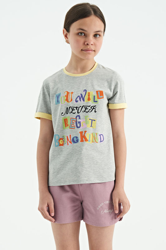 Grey Melange Color Detailed O Collar Comfort Fit Girls T-Shirt - 75109