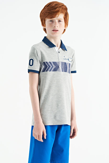 Grey Melange Stripe Print Detailed Collar Standard Pattern Boys' T-Shirt - 11162