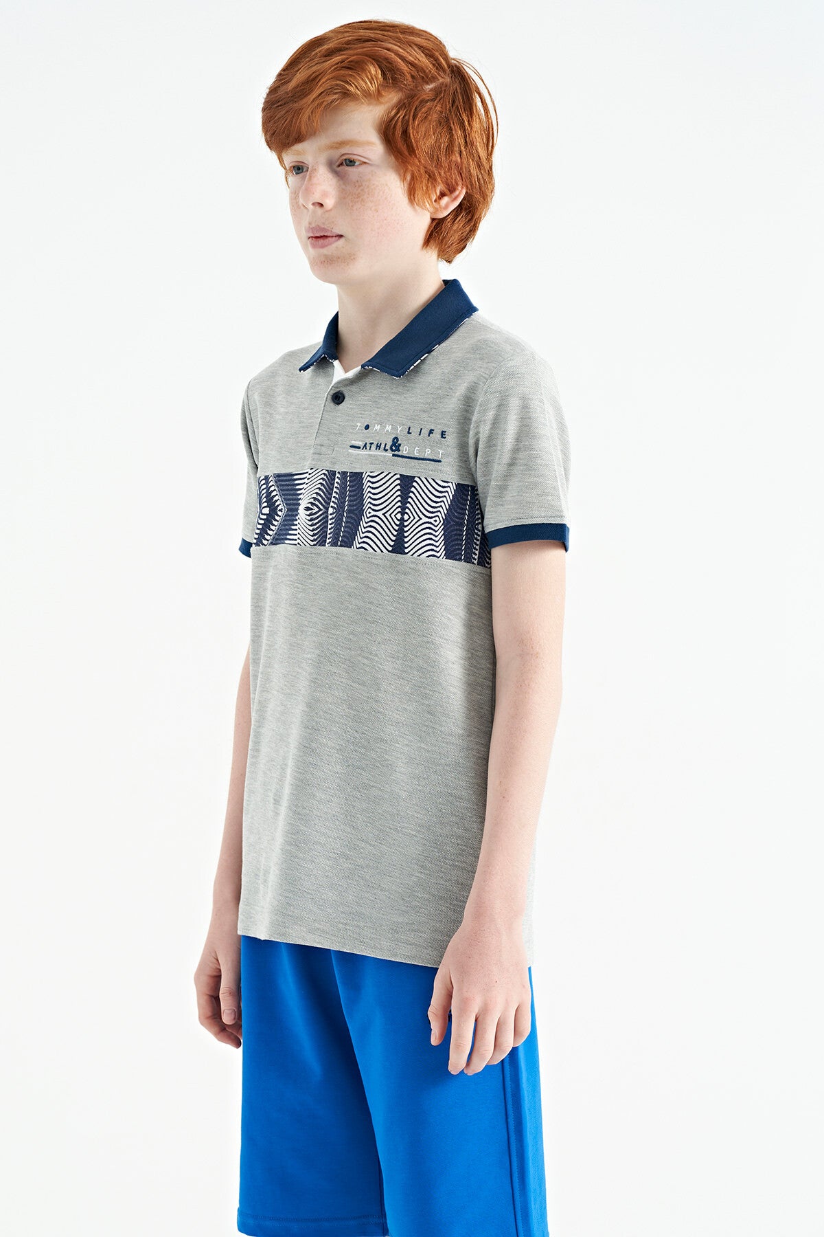 Grey Melange Stripe Print Detailed Collar Standard Pattern Boys' T-Shirt - 11162