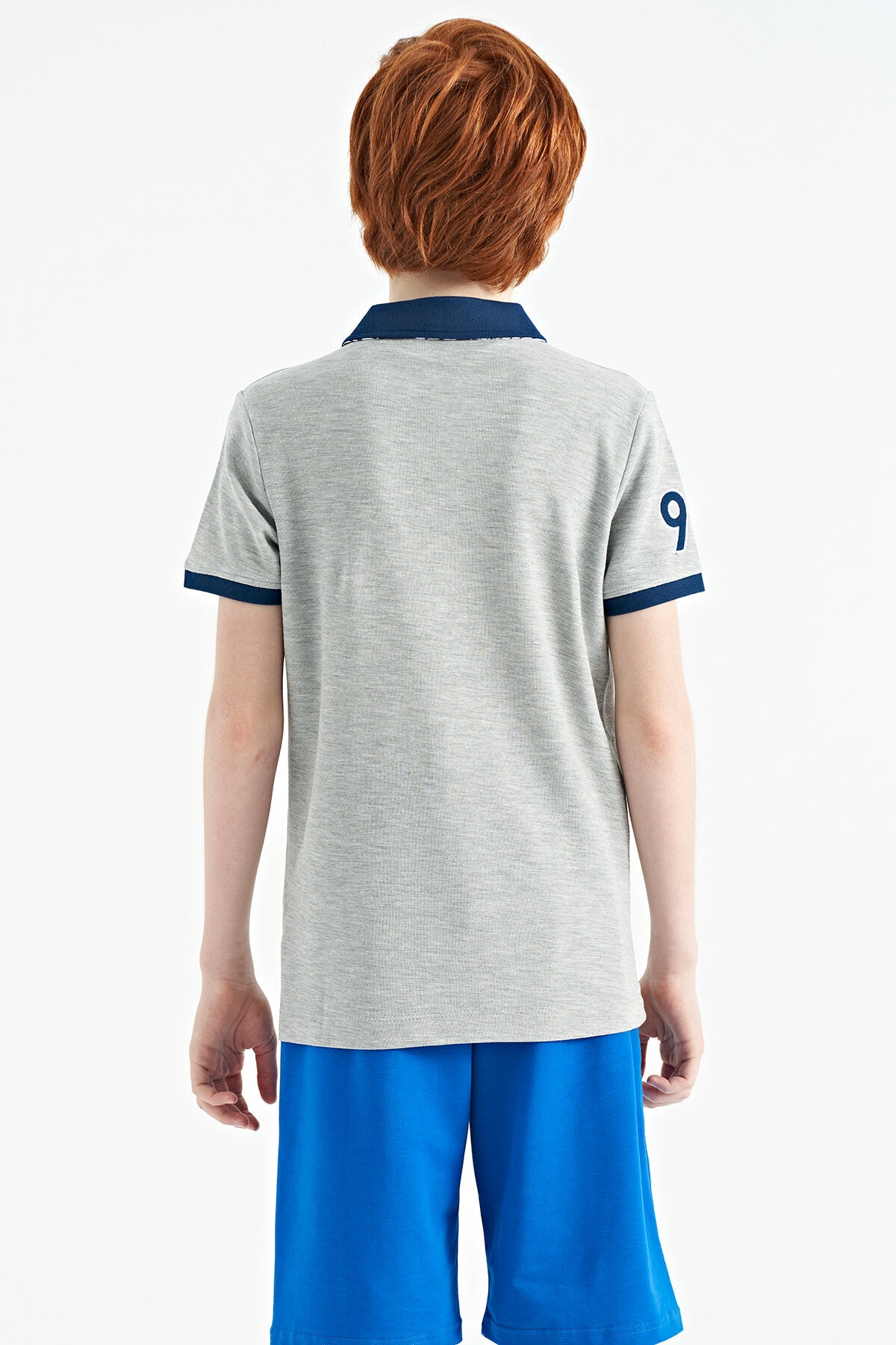 Grey Melange Stripe Print Detailed Collar Standard Pattern Boys' T-Shirt - 11162
