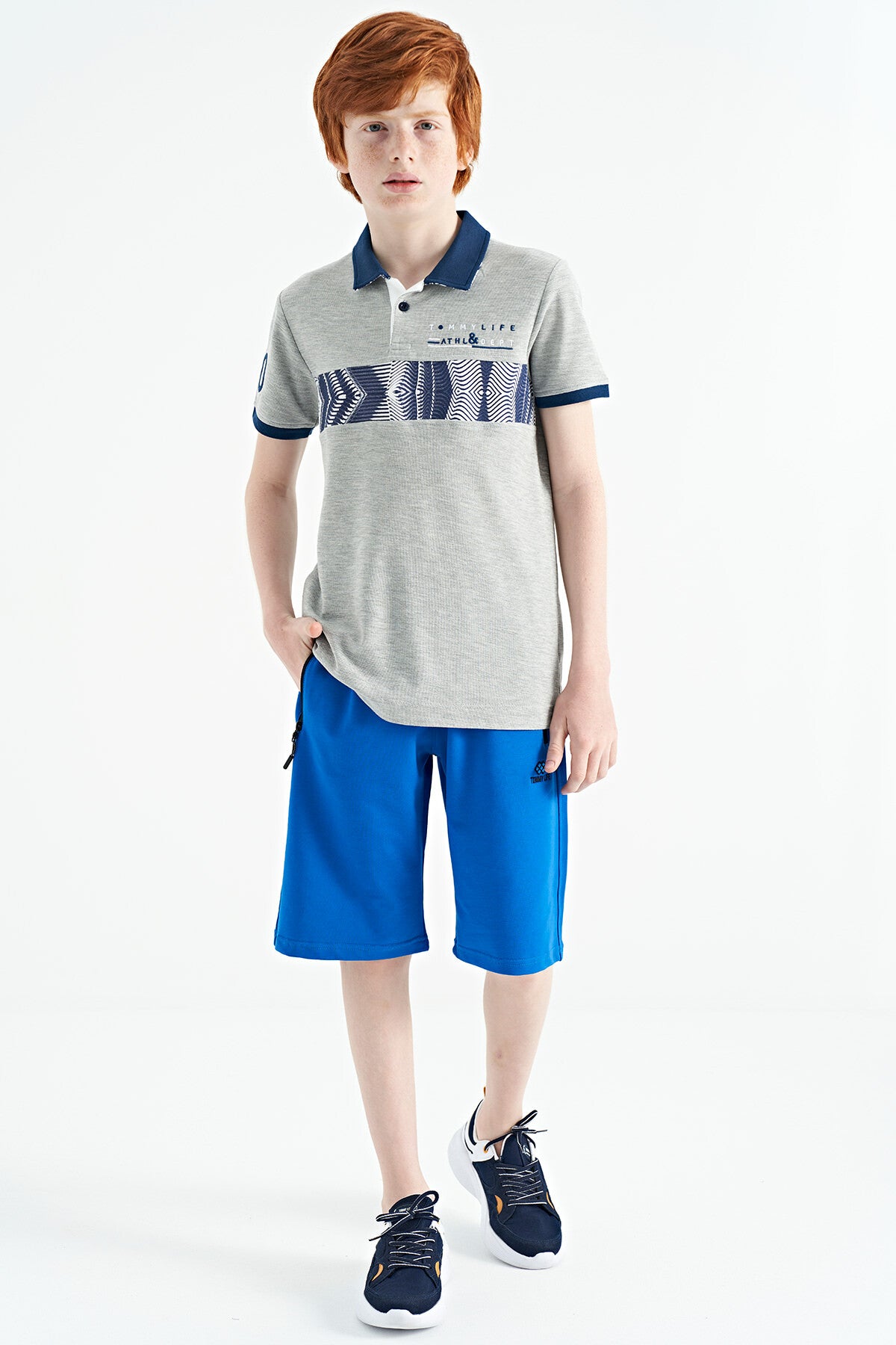Grey Melange Stripe Print Detailed Collar Standard Pattern Boys' T-Shirt - 11162