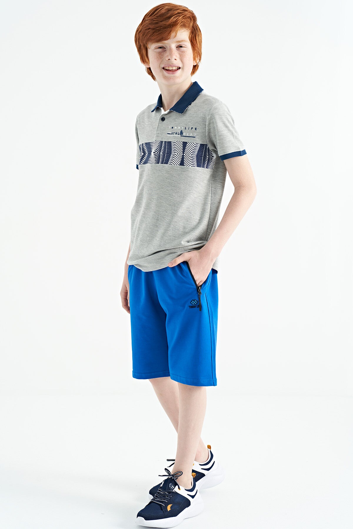 Grey Melange Stripe Print Detailed Collar Standard Pattern Boys' T-Shirt - 11162