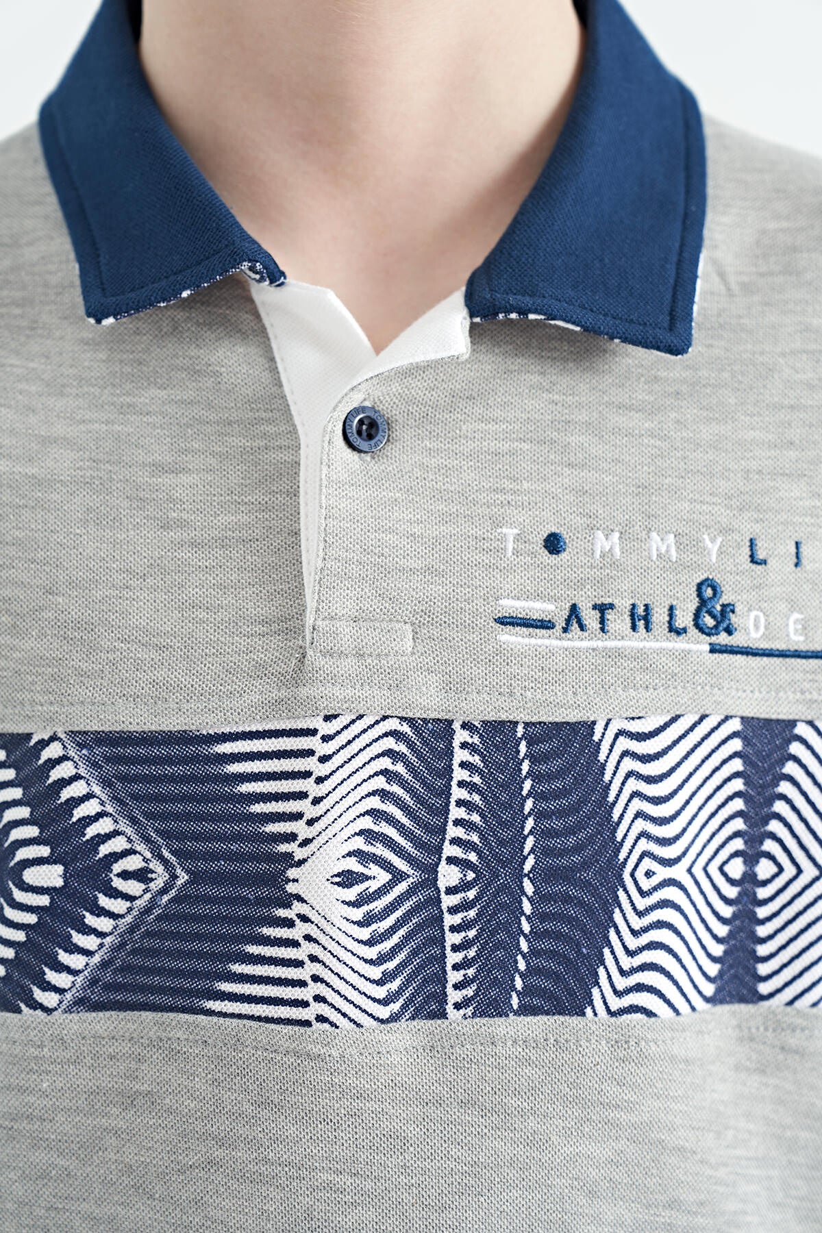 Grey Melange Stripe Print Detailed Collar Standard Pattern Boys' T-Shirt - 11162