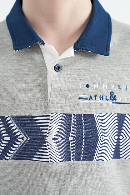 Grey Melange Stripe Print Detailed Collar Standard Pattern Boys' T-Shirt - 11162