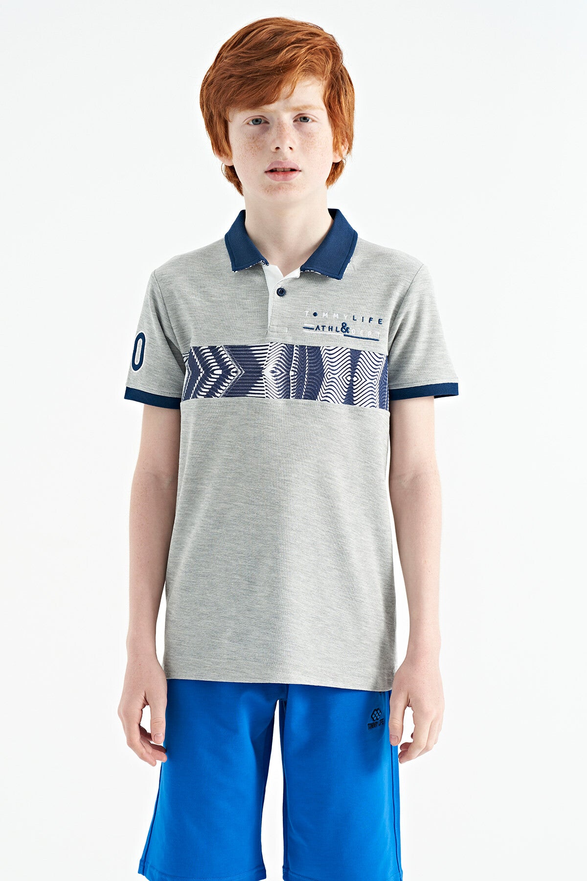 Grey Melange Stripe Print Detailed Collar Standard Pattern Boys' T-Shirt - 11162