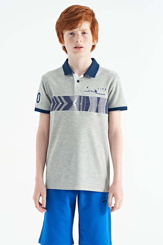 Grey Melange Stripe Print Detailed Collar Standard Pattern Boys' T-Shirt - 11162