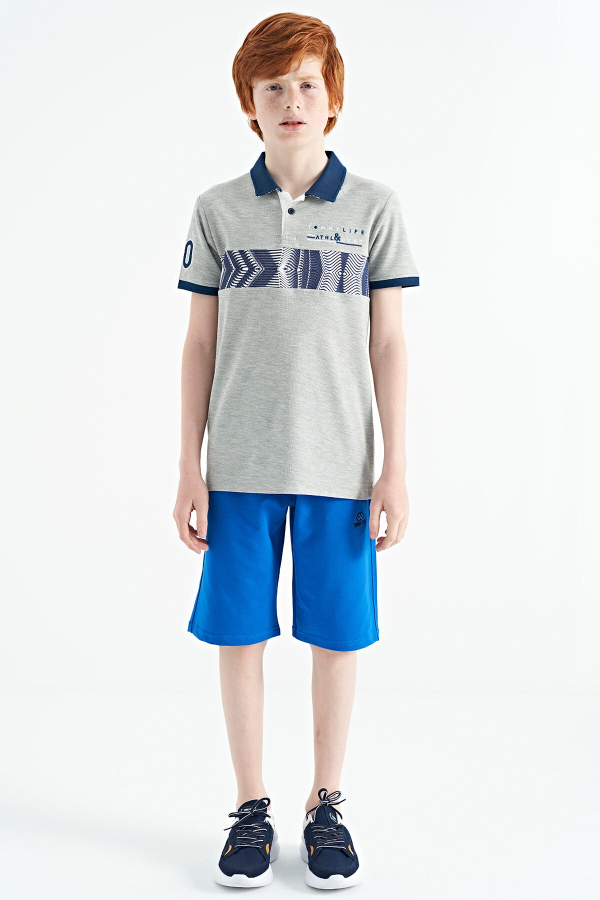 Grey Melange Stripe Print Detailed Collar Standard Pattern Boys' T-Shirt - 11162
