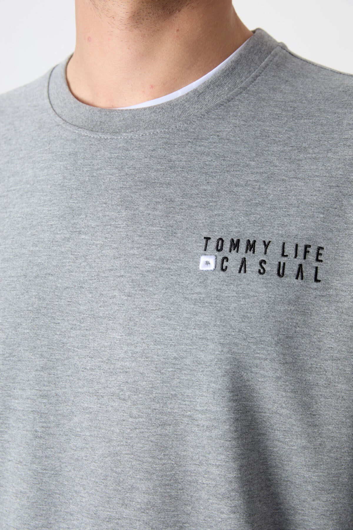 Grey Melange - Black Casual O Neck Elastic Cuffed Cotton Men's Oversize Tracksuit Set - 85120