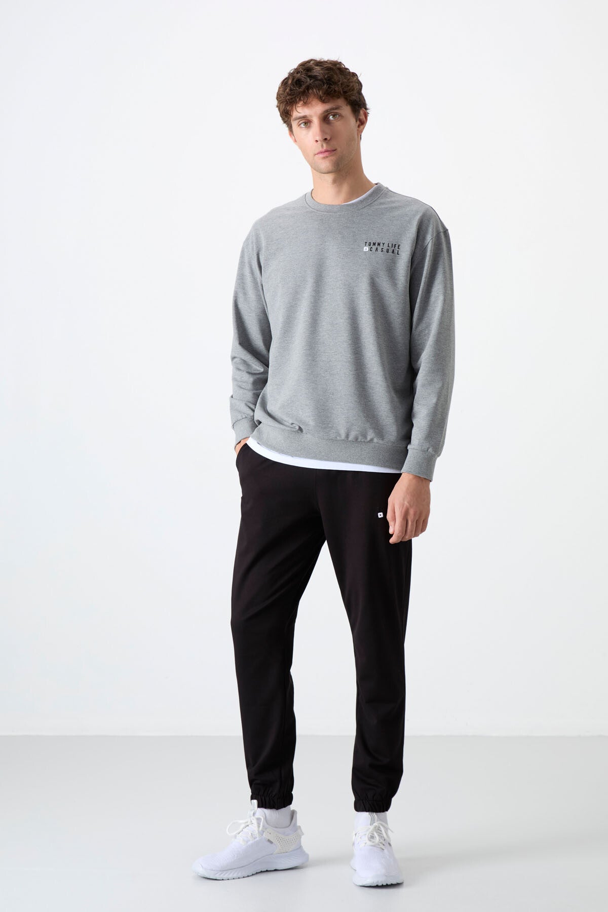 Grey Melange - Black Casual O Neck Elastic Cuffed Cotton Men's Oversize Tracksuit Set - 85120