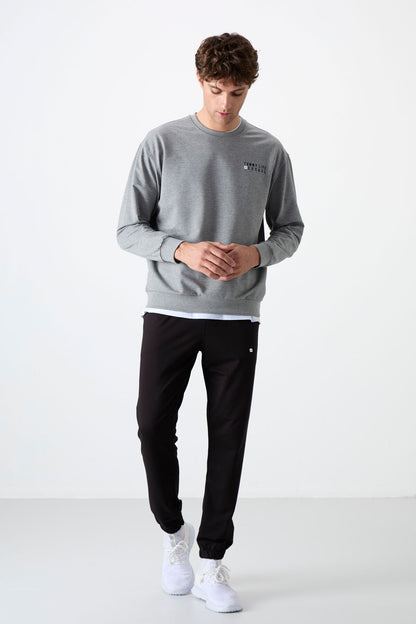 Grey Melange - Black Casual O Neck Elastic Cuffed Cotton Men's Oversize Tracksuit Set - 85120