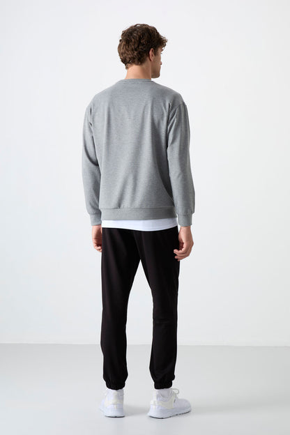 Grey Melange - Black Casual O Neck Elastic Cuffed Cotton Men's Oversize Tracksuit Set - 85120