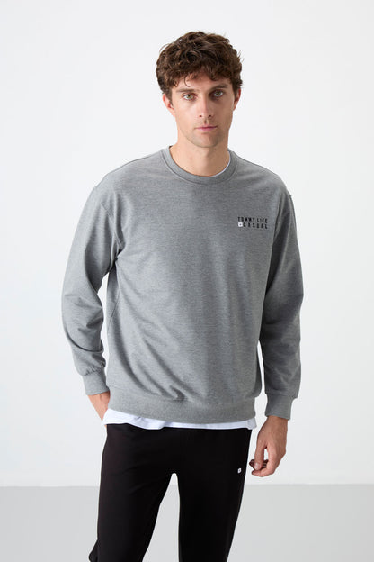 Grey Melange - Black Casual O Neck Elastic Cuffed Cotton Men's Oversize Tracksuit Set - 85120