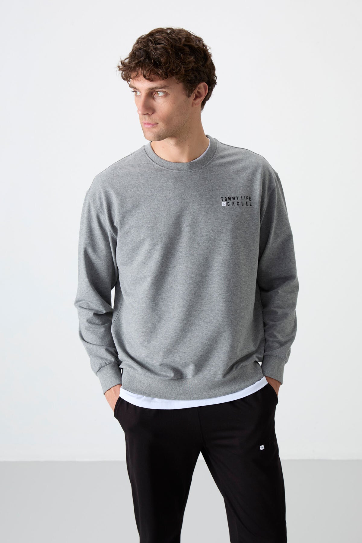 Grey Melange - Black Casual O Neck Elastic Cuffed Cotton Men's Oversize Tracksuit Set - 85120